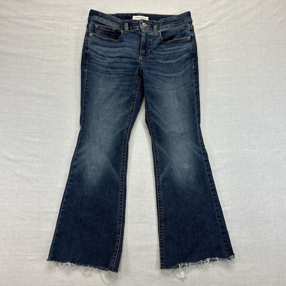 Lucky Brand Low Rise Flare Jeans Womens 6/28 Blue Med Wash Denim Casual Raw Hem